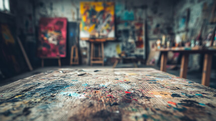 Creative Art Studio Interior with Colorful Paint on Wooden Table