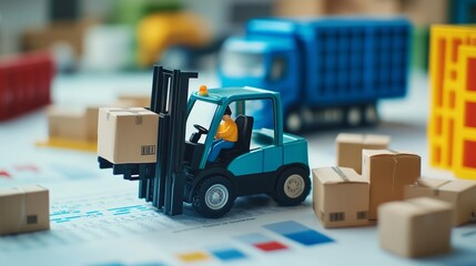 Logistics worker driving forklift and moving cardboard box in warehouse