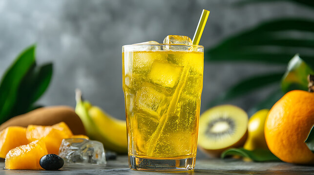 Close-up of the bright yellow color of Inca Kola in a glass