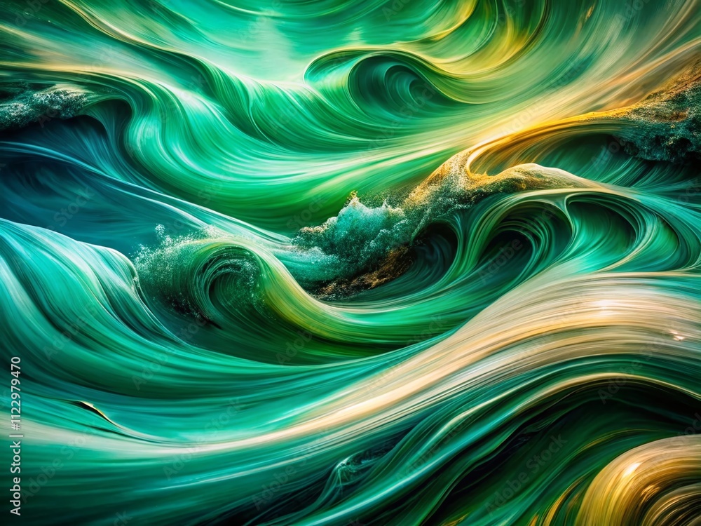 Poster long exposure abstract painting texture in emerald tones, capturing dynamic swirls of color and ligh