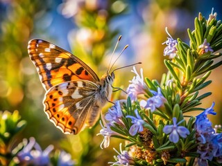 Obraz premium Long Exposure Capture of a Painted Lady Butterfly Gracefully Resting on a Vibrant Rosemary Bush Amidst a Softly Blurred Garden Background for Nature and Wildlife Photography