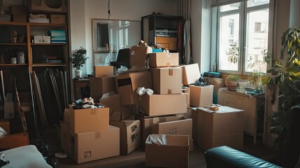 A cluttered studio apartment filled with piles of cardboard boxes and half-unpacked belongings.
