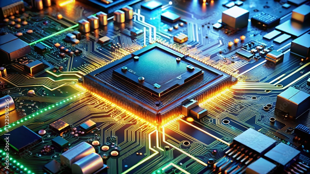 Poster long exposure of a circuit board and motherboard featuring digital chips and integrated communicatio