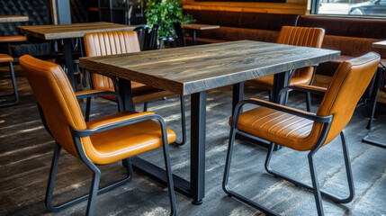 Fototapeta premium Cozy Modern Dining Space with Wooden Table and Leather Chairs