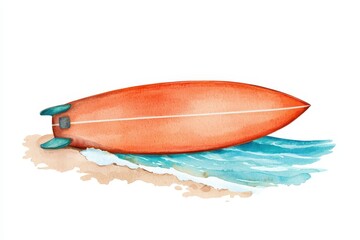 Fototapeta premium Watercolor Surfboard on Sandy Beach Ocean Waves Summer Fun Illustration