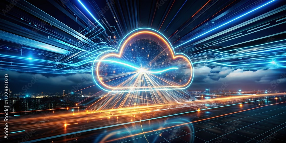 Poster long exposure of cloud computing symbol with ethereal light trails and digital connections represent