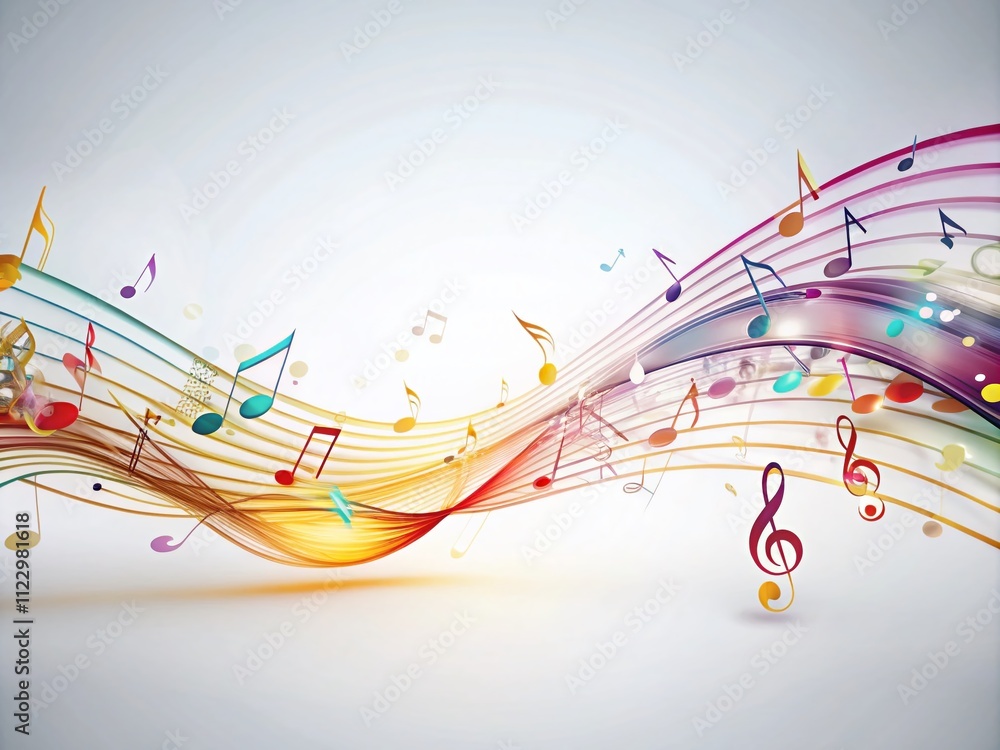 Poster long exposure of vibrant music notes creating a dynamic sound wave pattern on a white background for