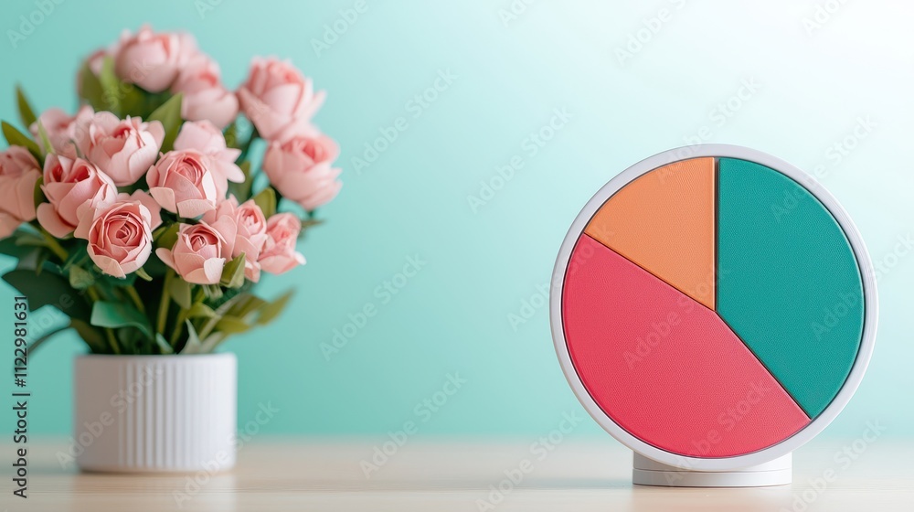 Poster seo keyword and data concept, vibrant pie chart representing distribution of key elements with flora