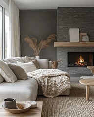 Fototapeta premium living room with a gray stone wall and a roaring fireplace, a fur-lined sofa with cozy blankets, minimalistic Scandinavian design