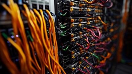 Network connections in a server room, showcasing data center infrastructure. 