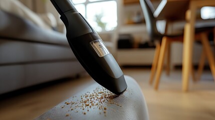Naklejka premium A cordless vacuum cleaner being used to clean crumbs off a dining room chair.