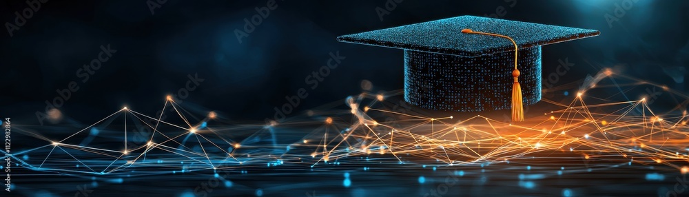Aufkleber a futuristic digital scene featuring a graduation cap surrounded by glowing connections and abstract