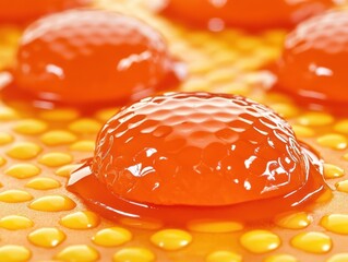 Close-up of bright orange golf ball-shaped candies on a yellow patterned surface.