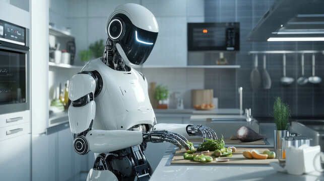 A robot is standing in a kitchen and prepares food, assistant in the kitchen of the future. Robot is cooking. 16:9