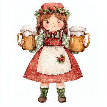 girl holding beer mugs watercolor clip art preview