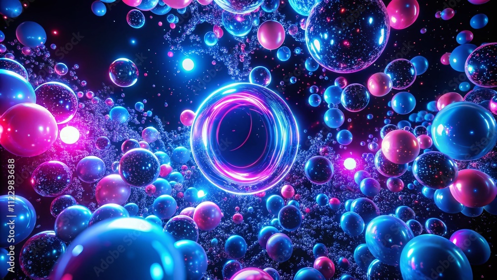 Poster luminous fluorescent circular particles in dynamic flow with neon blue and pink glow on black backgr