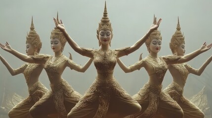 Four golden Khmer Apsara dancers in a symmetrical pose.