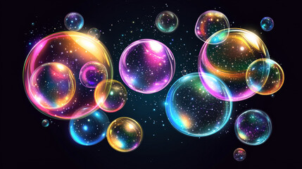 Vector realistic illustration with the image of soap bubbles of round shape, different sizes on an isolated transparent dark background. Transparent flying liquid bubbles for design.