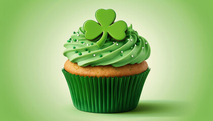 St. Patrick's Day cupcake with green frosting and shamrock on a light green background
