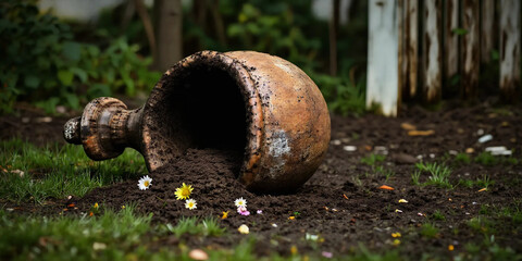 Fototapeta premium create a realistic image depicting an old urn lies tipped over, spilling dirt and a few scattered flowers
