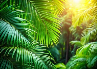 Fototapeta premium Lush Palm Tree Leaves in a Tropical Paradise with Copy Space for Text and Creative Uses, Ideal for Nature and Travel Themes, Evoking Relaxation and Serenity in a Sun-Kissed Setting