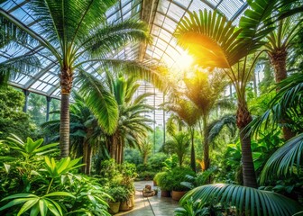 Fototapeta premium Lush Tropical Greenhouse with Palms and Other Exotic Trees in a High Depth of Field Setting, Showcasing the Vibrant Greenery and Natural Serenity of a Botanical Oasis