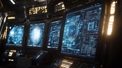 Obraz premium futuristic command center with 3D holographic monitors