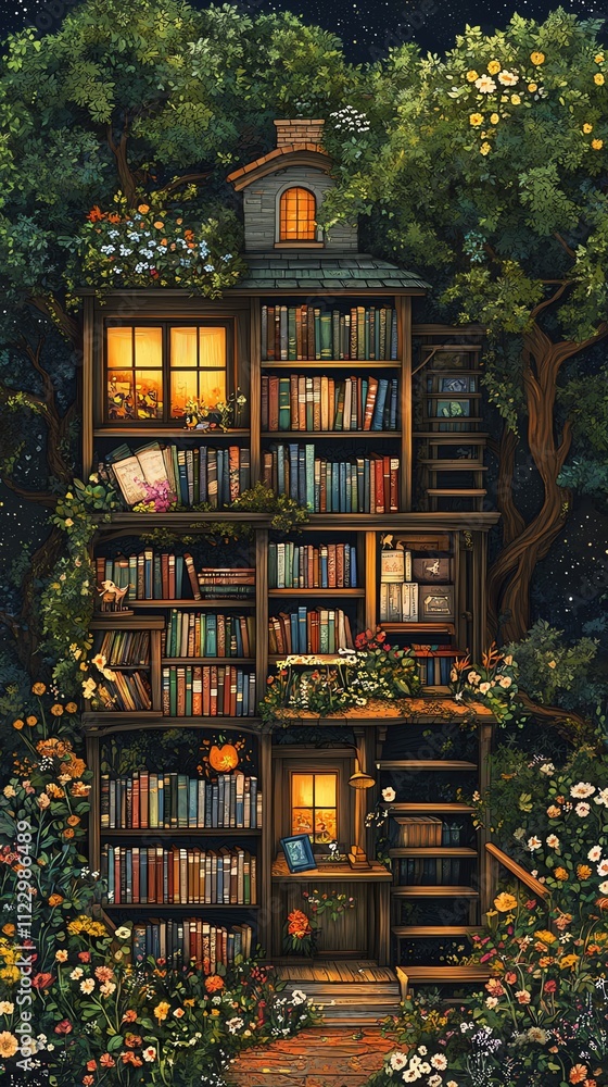 Poster a whimsical treehouse library surrounded by flowers and greenery, inviting reading and imagination.