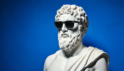 ancient greek god white sculpture wearing fashionable sunglasses in solid blue background.
