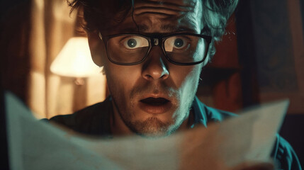 Shocked man with glasses reading document in dramatic lighting, displaying intense surprise and disbelief while illuminated by warm lamp light and cool tones creating cinematic atmosphere