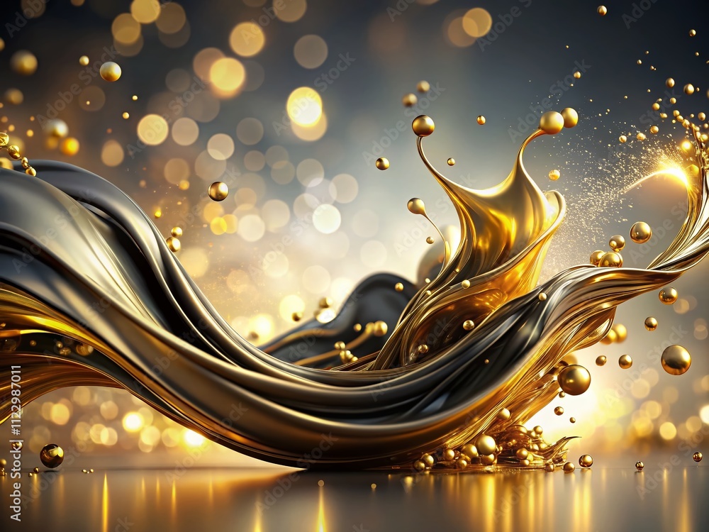 Poster luxurious gold and black liquid background with bokeh effect, featuring an elegant splash and swirl 