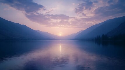 Fototapeta premium A serene lake surrounded by mountains at sunrise