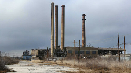 Obraz premium An industrial factory with tall smokestacks and rusting pipes, set against a gray, cloudy sky.