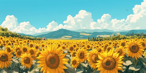 Obraz premium A vibrant field of sunflowers under a clear blue sky and mountains in the background.