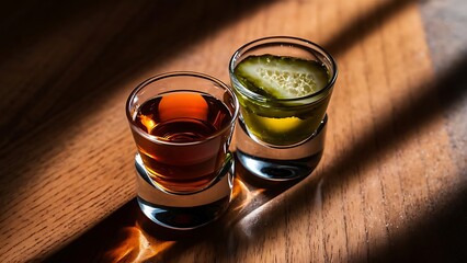 Pickleback alcoholic cocktail made from cucumber pickle and whiskey in small shot glasses hard light and shadows