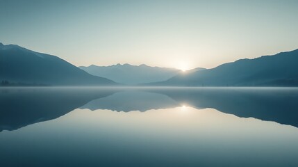 Fototapeta premium A serene lake surrounded by mountains at sunrise