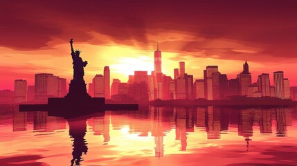 Silhouette of Statue of Liberty at sunset over New York City skyline reflected in water.