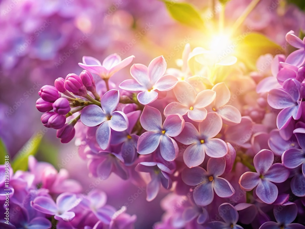 Poster macro portrait of lilac flowers with soft sun rays creating an abstract spring floral background for