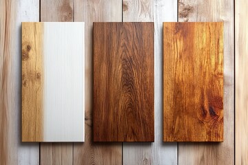 Three wooden panels showcasing a range of textures, featuring light wood, medium brown wood, and a rich, dark wooden finish against a rustic background. trending mockup design