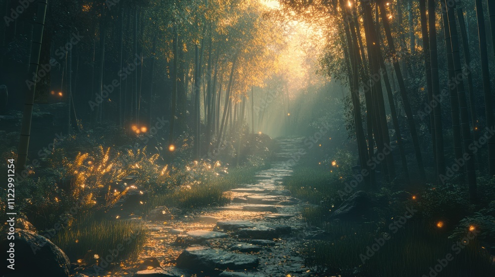 Aufkleber a serene forest path illuminated by sunlight, creating a magical atmosphere.