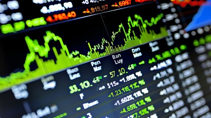 Fototapeta premium Close-up of digital stock market screen showing upward trend graph, symbolizing stock buyback, financial charts and candlestick patterns in background.