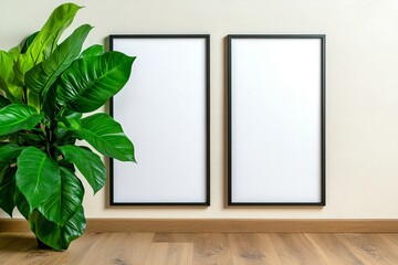 A lush green plant stands next to two empty picture frames against a neutral wall, creating a minimalist and modern interior decor vibe. trending mockup design