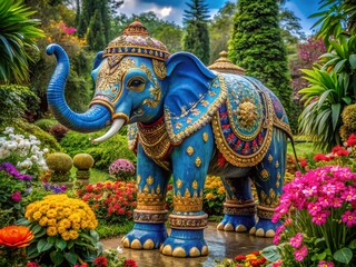 Fototapeta premium Majestic Blue Elephant Statue with Golden Accents in a Vibrant Floral Garden Setting, Perfect for Capturing the Essence of Nature's Beauty and Ornate Artistry