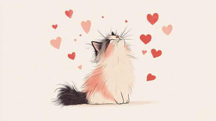 fluffy tricolor cat, looking up, surrounded by floating red hearts, valentines day, romantic illustration, soft pastel colors, whimsical