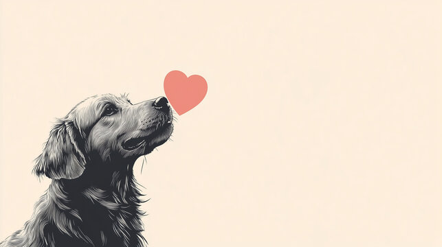 dog with a red heart, valentines day illustration, minimalistic design, beige background, love and affection, artistic sketch style