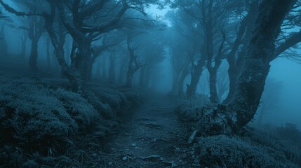 A dark forest with trees and a path