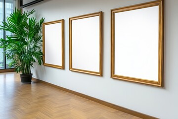 A serene interior featuring three empty golden-framed artworks on a light wall, complemented by a lush green potted plant. trending mockup design