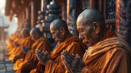 Buddhist monks in deep meditation with hands clasped in prayer, wearing traditional saffron robes, illuminated by warm morning light creating peaceful spiritual atmosphere