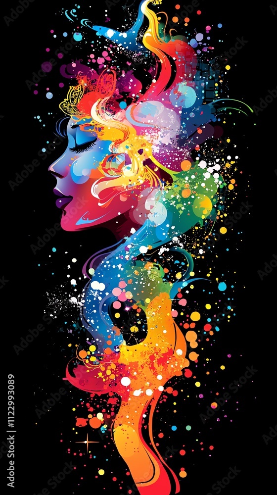 Poster a vibrant, abstract depiction of a woman's profile with colorful splashes and swirling patterns.