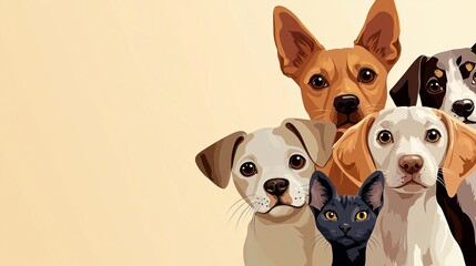 A colorful illustration featuring a group of dogs and a cat, showcasing their diverse breeds and expressions in a friendly manner.